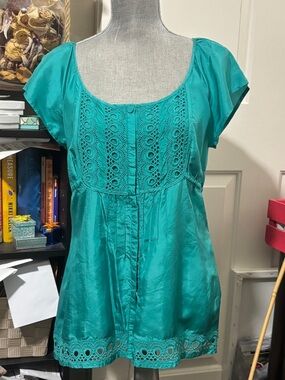 Turquoise Lace-Trim Scoop Neck Tunic
